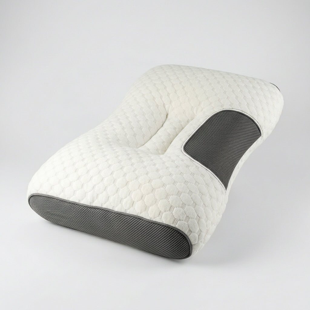 Almohada cervical ergonómica blanca con laterales de malla gris